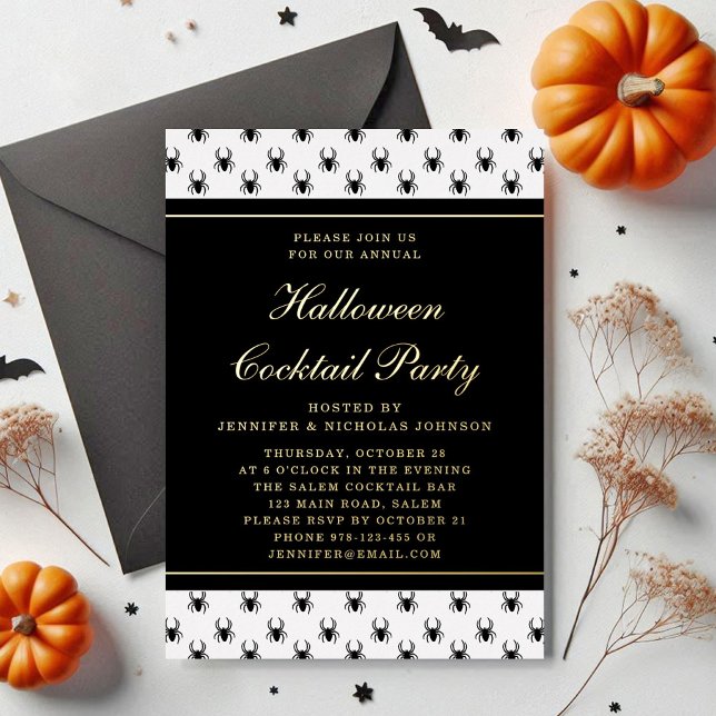 Invitation En Aluminium Elégant noir blanc Halloween Cocktail Party Gold (Elegant Black White Halloween Cocktail Party Gold Foil Invitation)