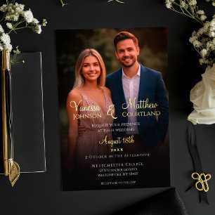 Invitation En Aluminium Elégant noir et blanc Mariage photo moderne or