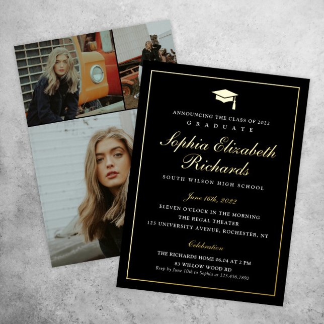 Invitation En Aluminium Elégant noir et or 3 photo Graduation (Créateur téléchargé)
