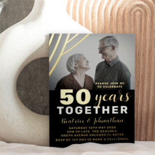 Invitation En Aluminium Élégant Noir & Or 50e Anniversaire de Mariage