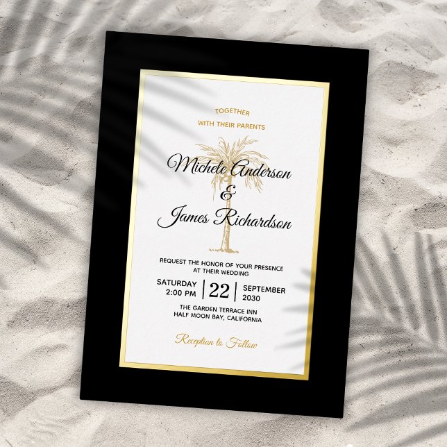 Invitation En Aluminium Elégant Noir Palm Tree Plage Mariage (Elegant Black Gold Palm Tree Beach Wedding Gold Foil Invitation)