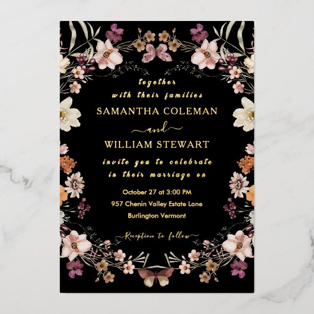 Invitation En Aluminium Elégant noir Pastel Boho Fleur sauvage chic Mariag (Recto)