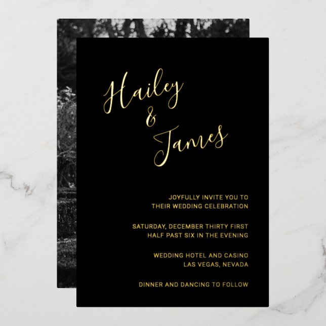 Invitation En Aluminium Elégant noir photo Mariage moderne (Recto/Verso)
