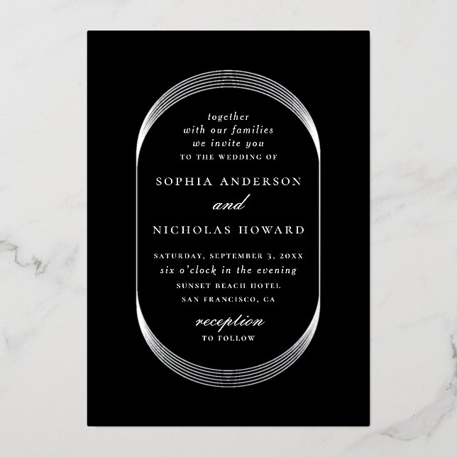 Invitation En Aluminium Elégant or argent noir mariage géométrique moderne (Recto)