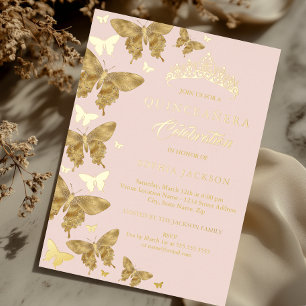Invitation En Aluminium Elégant Or Blush Butterfly rose Quinceanera