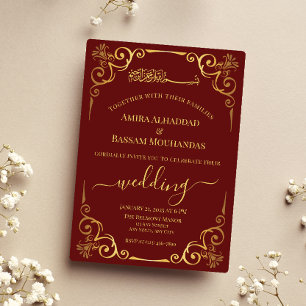 Invitation En Aluminium Elégant or et Mariage rouge foncé
