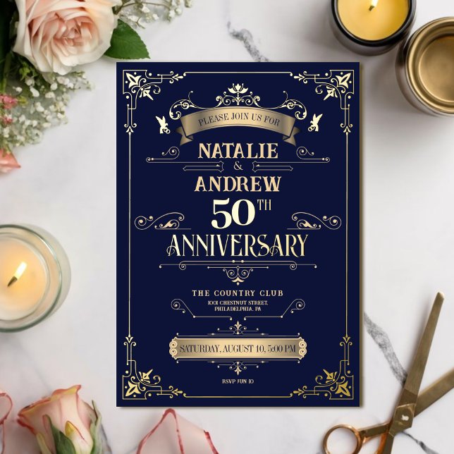 Invitation En Aluminium Elegant Or Navy Gold Glamour Brillant Foil (Créateur téléchargé)