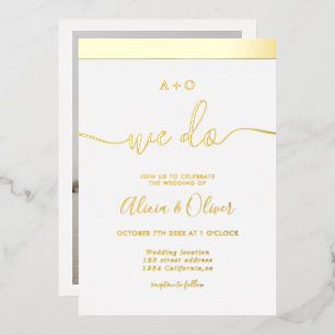 Invitation En Aluminium Élégant or stripe initiales blanc mariage photo