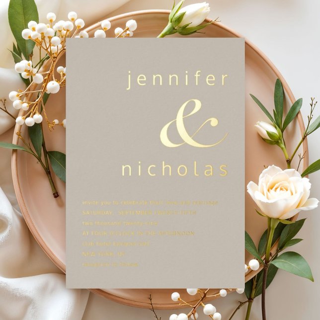 Invitation En Aluminium Elégant or Taupe Beige Ampersand Mariage (Elegant Gold Taupe Beige Ampersand Wedding Foil Invitation)