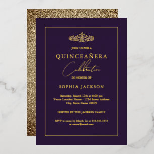 Invitation En Aluminium Elégant or violet Quinceanera 15e