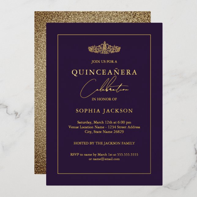 Invitation En Aluminium Elégant or violet Quinceanera 15e (Recto/Verso)