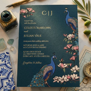 Invitation En Aluminium Élégant Paon Floral Sarcelle Mariage Or