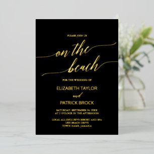 Invitation En Aluminium Élégant papier d'or Mariage noir sur la plage