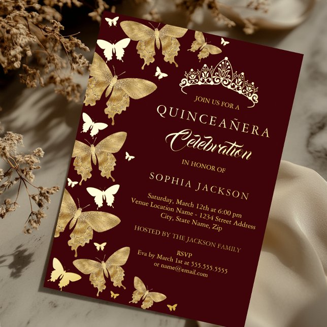 Invitation En Aluminium Élégant Papillon Bourgogne Or Quinceanera (Créateur téléchargé)