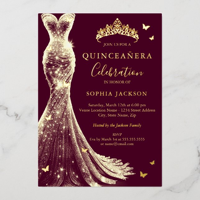 Invitation En Aluminium Élégant papillon d'or de Bourgogne Quinceanera (Recto)