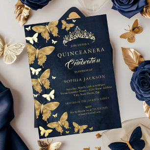 Invitation En Aluminium Elégant Papillon Doré et Nuit Quinceanera