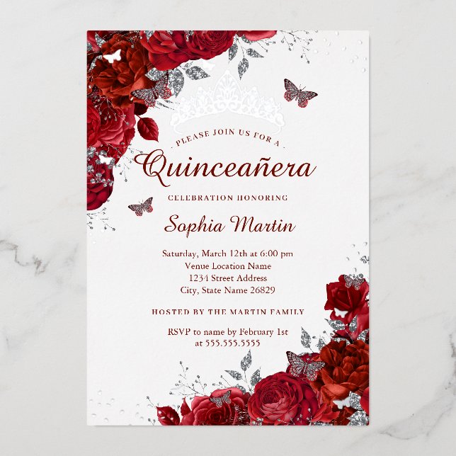 Invitation En Aluminium Élégant papillon floral argent Quinceanera rouge (Recto)