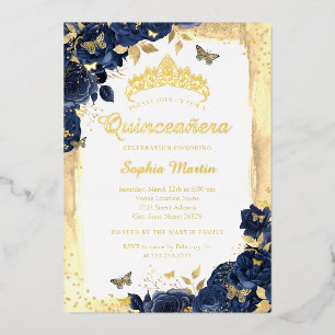 Invitation En Aluminium Elégant papillon floral Gold Navy Quinceanera
