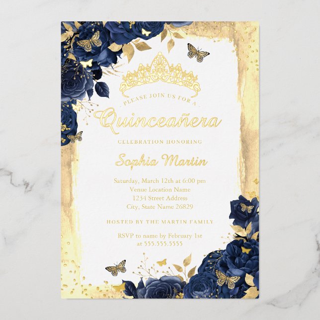 Invitation En Aluminium Elégant papillon floral Gold Navy Quinceanera (Recto)