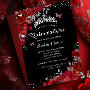 Invitation En Aluminium Élégant Papillon Floral Rouge Noir Quinceanera