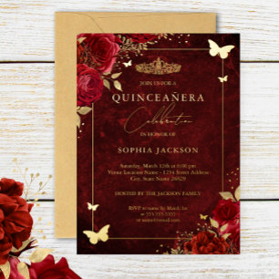 Invitation En Aluminium Élégant Papillon Floral Rouge Or Quinceanera