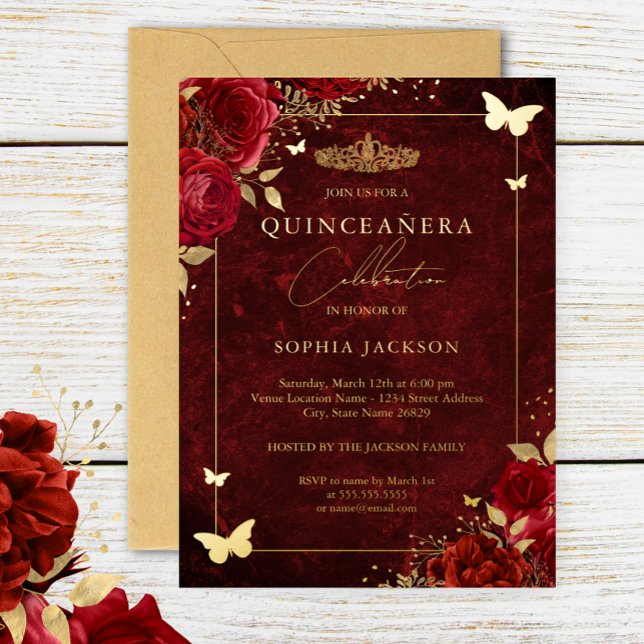 Invitation En Aluminium Élégant Papillon Floral Rouge Or Quinceanera (Créateur téléchargé)