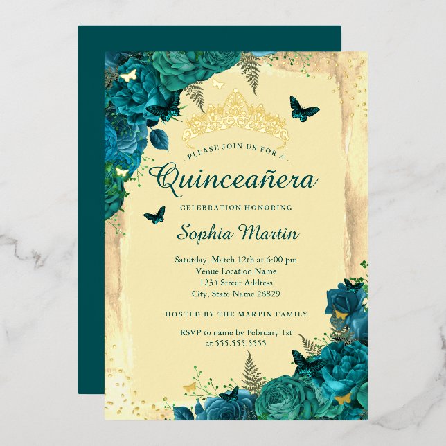 Invitation En Aluminium Élégant papillon floral Turquoise Quinceanera (Recto/Verso)