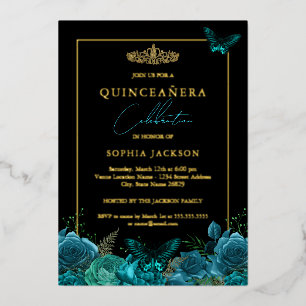 Invitation En Aluminium Élégant Papillon noir bleu photo Quinceanera