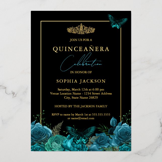 Invitation En Aluminium Élégant Papillon noir bleu photo Quinceanera (Recto)