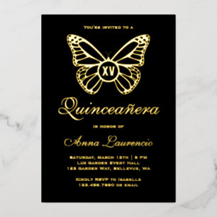 Invitation En Aluminium Elégant Papillon Noir Et Or XV Quinceanera
