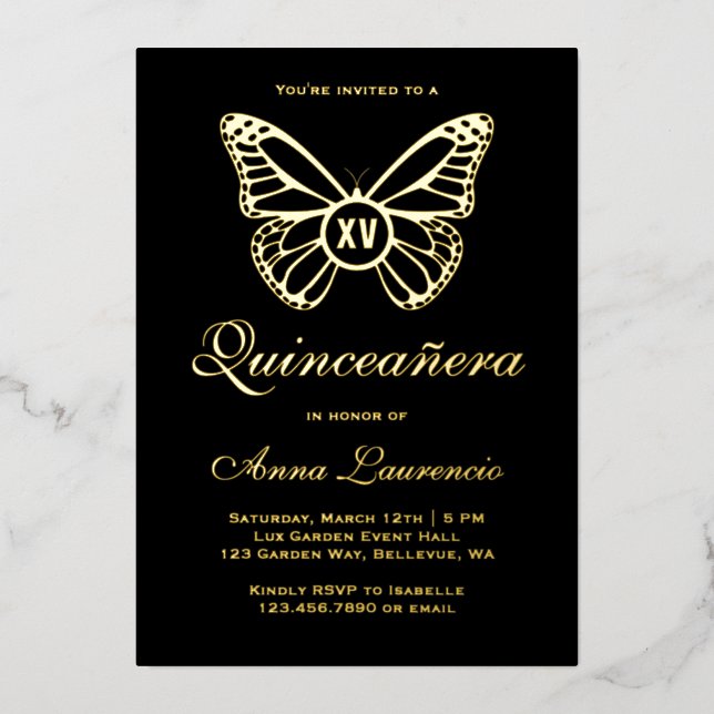 Invitation En Aluminium Elégant Papillon Noir Et Or XV Quinceanera (Recto)