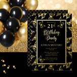Invitation En Aluminium Élégant papillons 21e anniversaire fête Black Gold<br><div class="desc">Moderne,  élégant et classe noir et vrai feuille d'or papillons design fête 21e anniversaire. L'arrière - plan arrière dispose d'un motif de grille diagonale en faux or. Composite par Holiday Hearts Designs (droits réservés).</div>