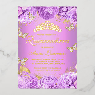 Invitation En Aluminium Élégant Papillons floraux pourpres Quinceanera