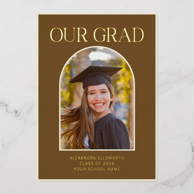 Invitation En Aluminium Elegant Photo Arch Graduation Brown Gold Foil Card (Recto)