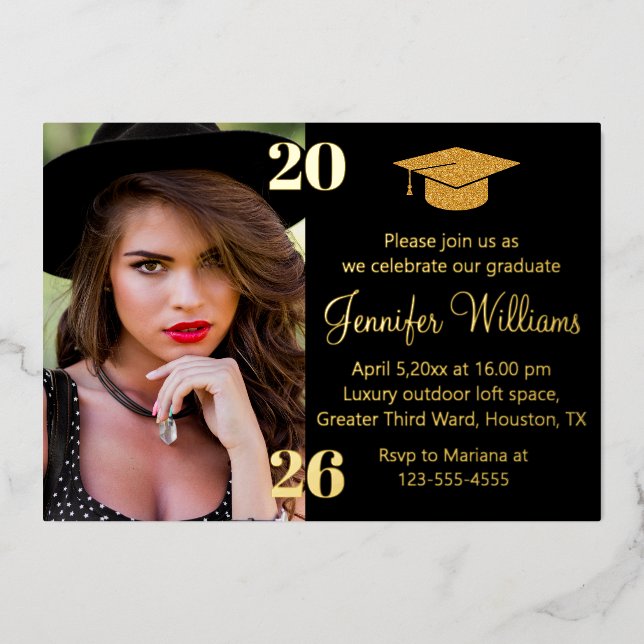 Invitation En Aluminium elegant photo graduation 2026 black & gold party  (Recto)