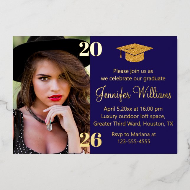 Invitation En Aluminium elegant photo graduation 2026 blue & gold party  (Recto)