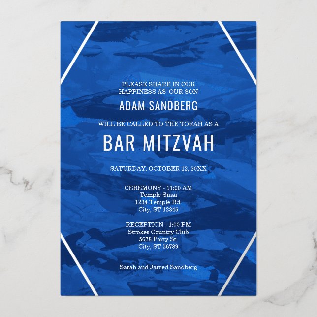Invitation En Aluminium Élégant pinceau et étoile de David Bar Mitzvah (Recto)