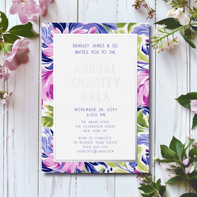 Invitation En Aluminium Élégant Pink Blue Floral Charity Event Gala Party (Créateur téléchargé)
