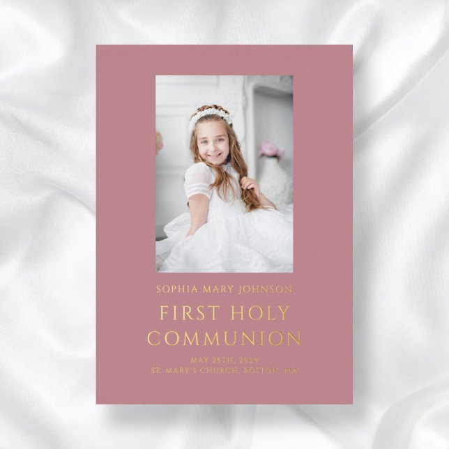 Invitation En Aluminium Elégant Pink Gold Foil Photo Girl First Communion (Elegant Pink Photo Girl First Communion Gold Foil Invitation)