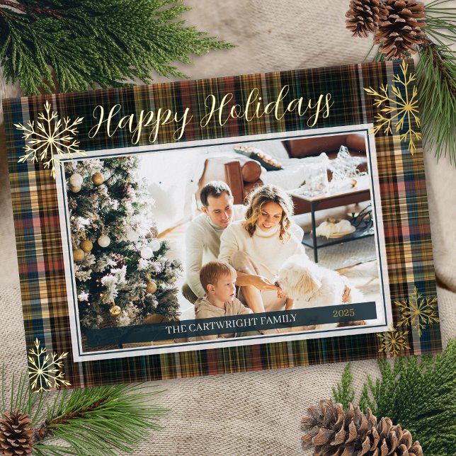 Invitation En Aluminium Élégant Plaid Riche de Style Hérité Joyeuses Fêtes (elegant gold foil happy holidays formal plaid single photo christmas card with name year snowflakes)