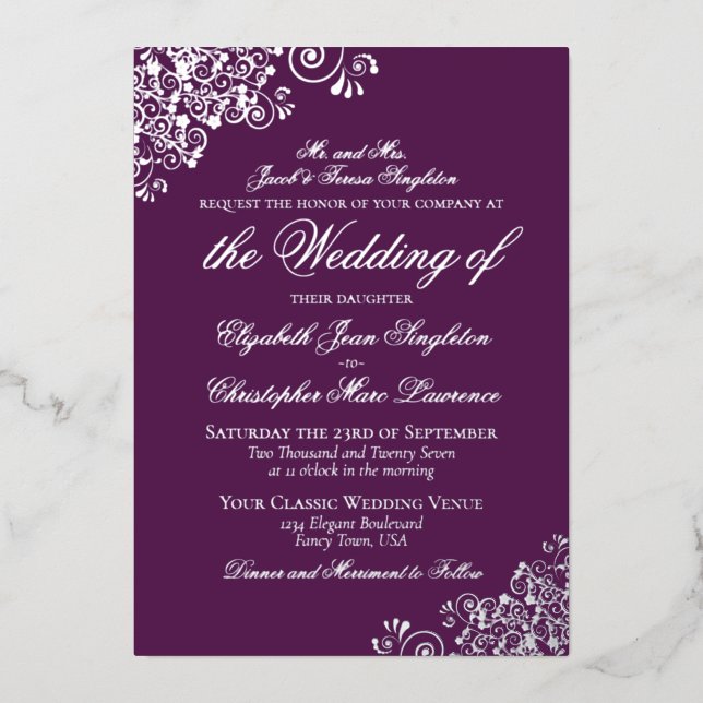 Invitation En Aluminium Élégant Plum Formel Purple & Mariage Argent (Recto)
