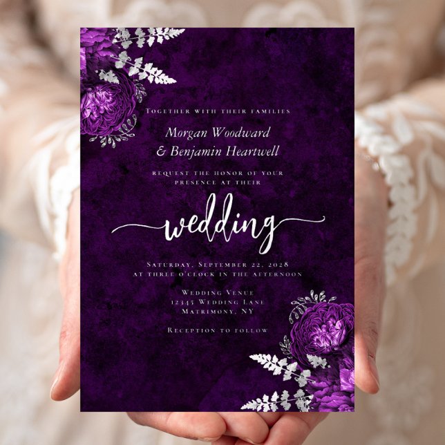 Invitation En Aluminium Elegant Plum Purple Silver Floral Wedding (Créateur téléchargé)