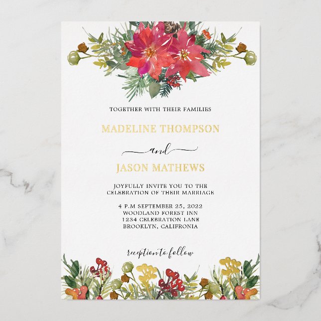Invitation En Aluminium Élégant Poinsettia Holly Berries Mariage floral (Recto)