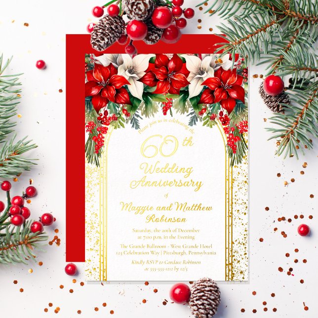 Invitation En Aluminium Élégant Poinsettias 60e anniversaire de Mariage (Elegant Red and White Poinsettias Holiday "60th Wedding Anniversary" Party Gold Foil Invitation)