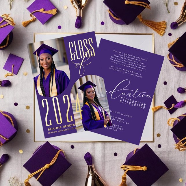 Invitation En Aluminium Élégant Purple et Gold Photo Graduation (Purple and Gold Foil Graduation Invitations with arched photo spaces.)