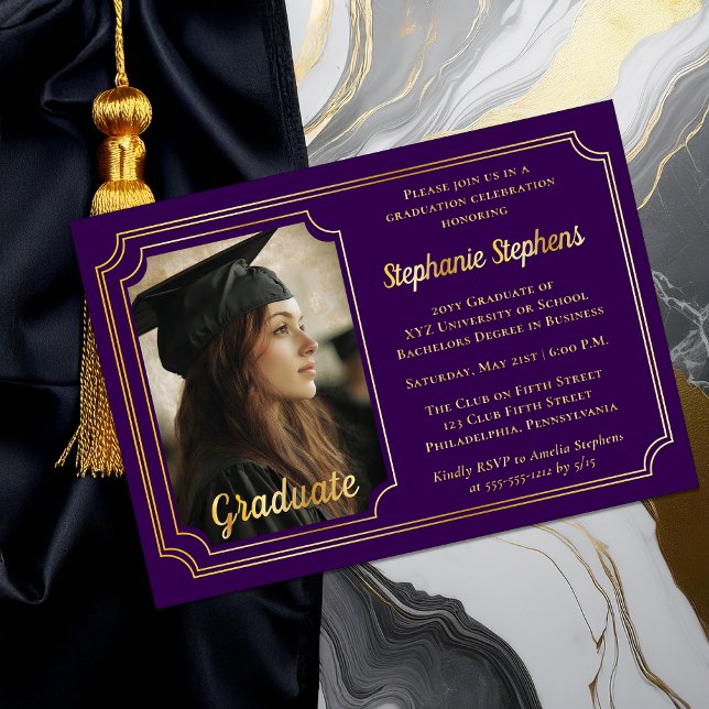 Invitation En Aluminium Elegant Purple & Gold Photo Graduation Party  (Elegant Purple and Gold Foil Graduation Party Invitation with Photo and Scalloped Frame)