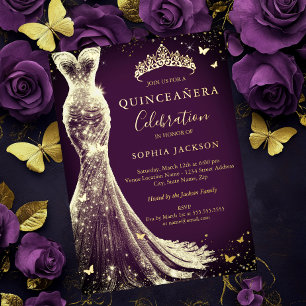 Invitation En Aluminium Élégant Purple Or Éperche Papillon Quinceanera