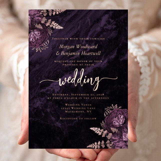 Invitation En Aluminium Elegant Purple Rose Gold Floral Wedding (Créateur téléchargé)