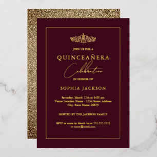 Invitation En Aluminium Élégant Quinceanera 15e Anniversaire Or Bourgogne