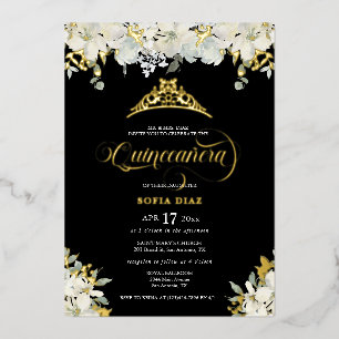 Invitation En Aluminium Élégant Quinceañera Floral Noir Or